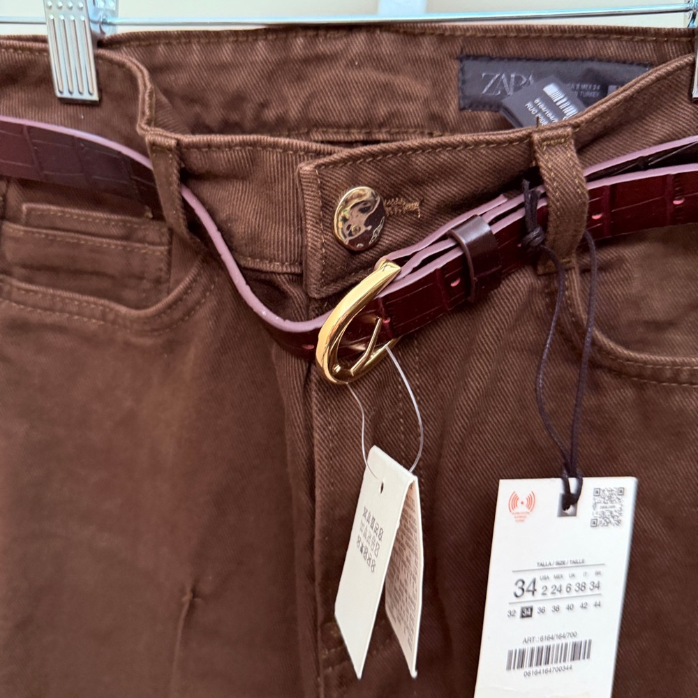 Zara Brown Wide Leg Jeans with Belt size 2 NWT - Picture 3 of 5